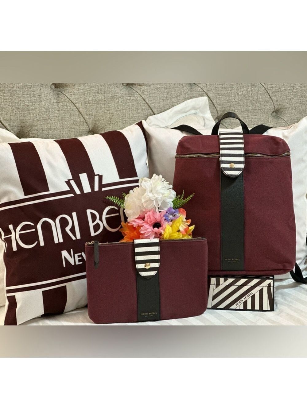 Henri Bendel Friday Convertible Backpack Matching Pochette Maroon Stripe Canvas